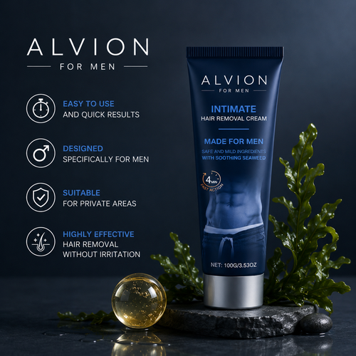 ALVION Men's Hair Removal Cream for Men tube, easy to use, designed for private areas, effective hair removal without irritation.