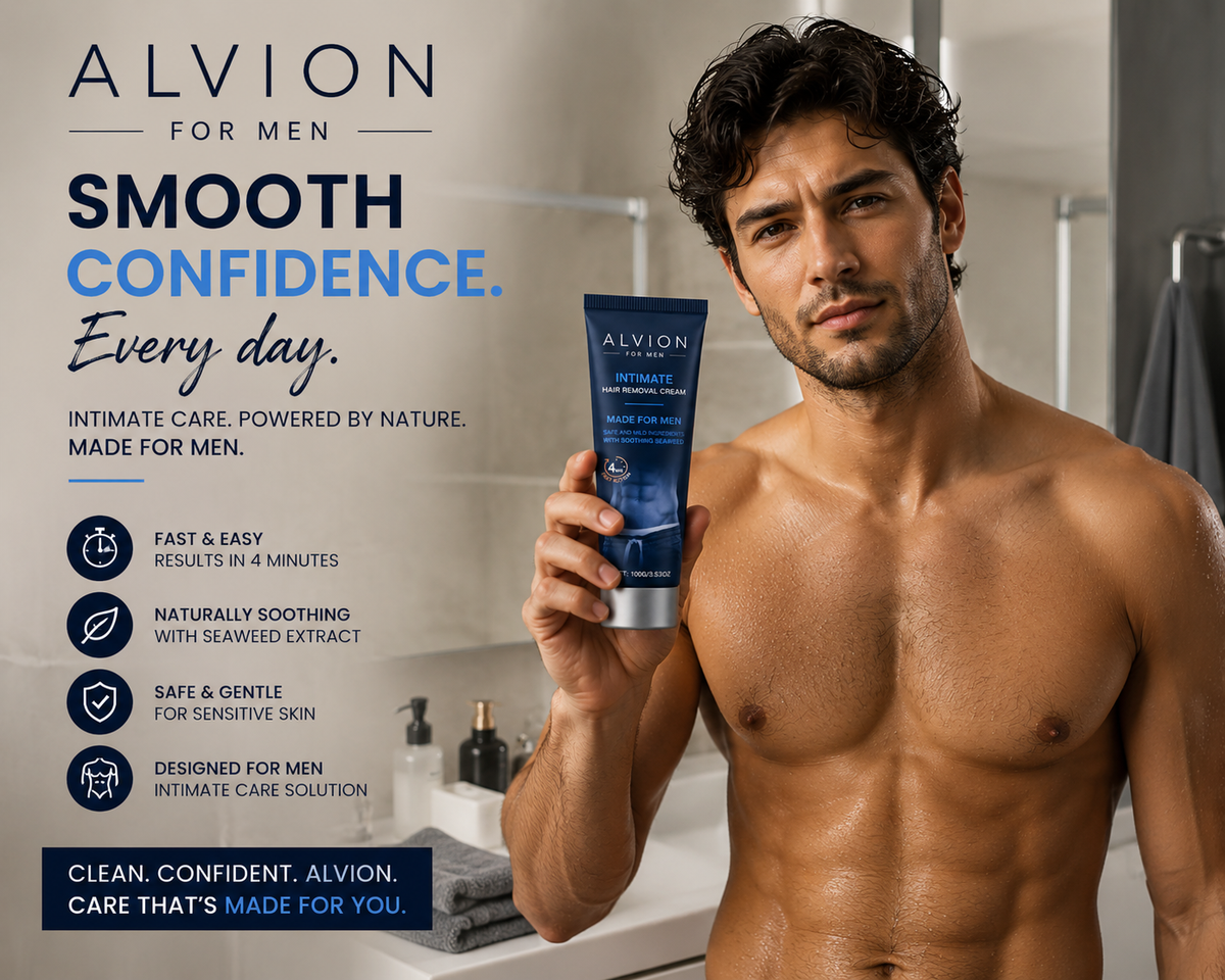 ALVION Men's Hair Removal Cream for Men displayed by a confident man in a bathroom setting.