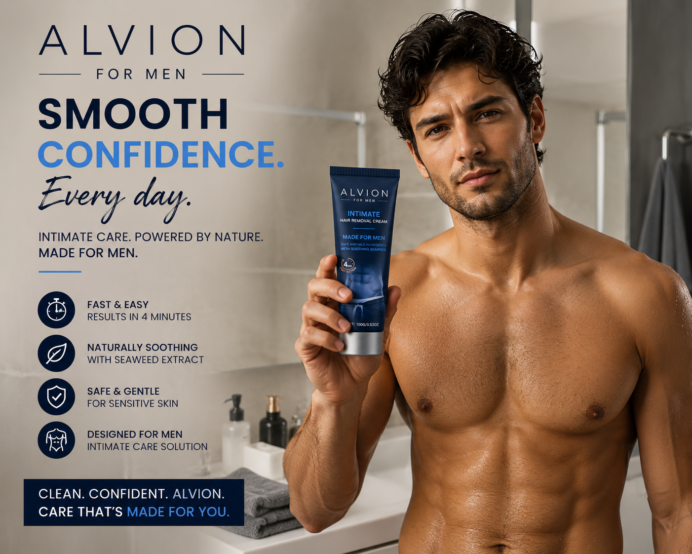 ALVION Men's Hair Removal Cream for Men displayed by a confident man in a bathroom setting.