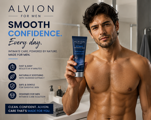 ALVION Men's Hair Removal Cream for Men displayed by a confident man in a bathroom setting.
