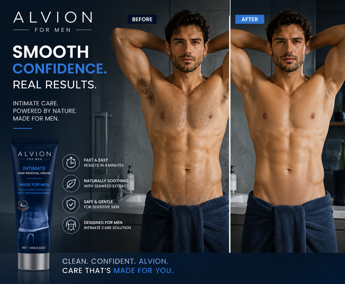 Before and after results of ALVION Men's Hair Removal Cream for men, showcasing smooth skin and confidence.