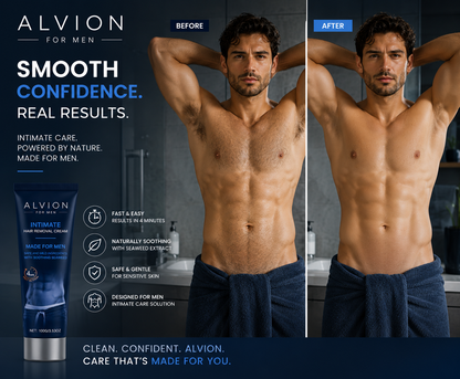 Before and after results of ALVION Men's Hair Removal Cream for men, showcasing smooth skin and confidence.
